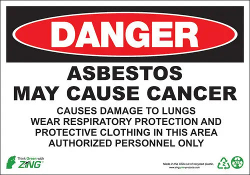 ZING DANGER, 10x14, ASBESTOS MAY CAUSE CANCER