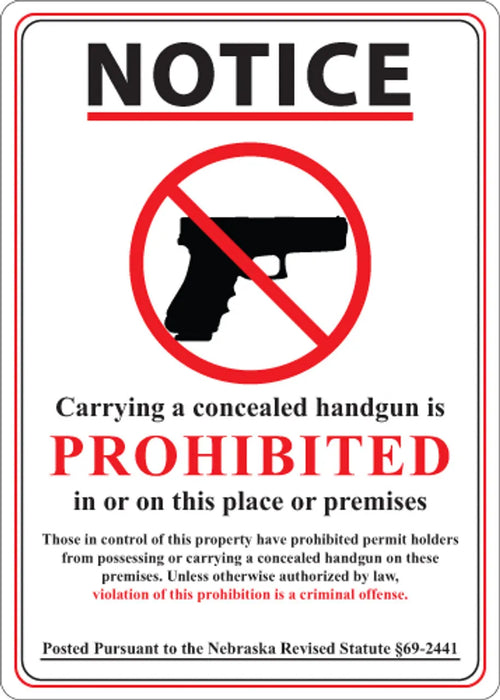 ZING Concealed Carry Sign Nebraska 14x10 SA