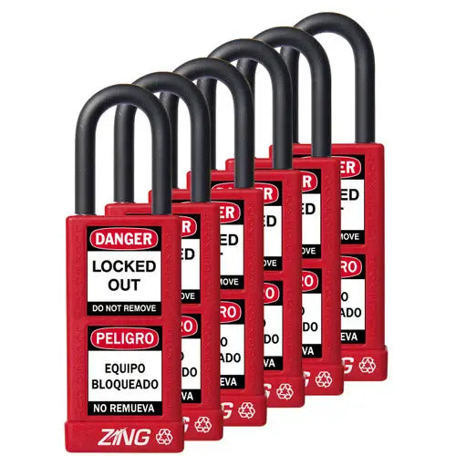 ZING Padlock Long Body Keyed Alike Red 6 pack