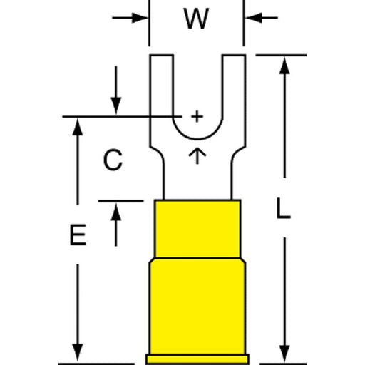 Block Fork Terminal: Yellow, Nylon, Partially Insulated, #8 Stud, Crimp