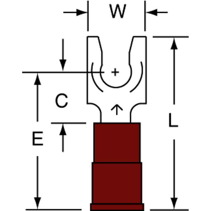 Standard Fork Terminal: Red, Nylon, Partially Insulated, #8 Stud, Crimp