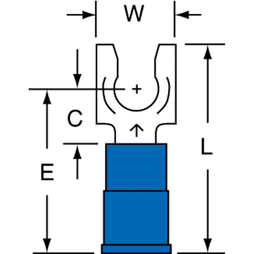 Standard Fork Terminal: Blue, Nylon, Partially Insulated, #10 Stud, Crimp