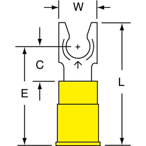 Standard Fork Terminal: Yellow, Nylon, Partially Insulated, #10 Stud, Crimp