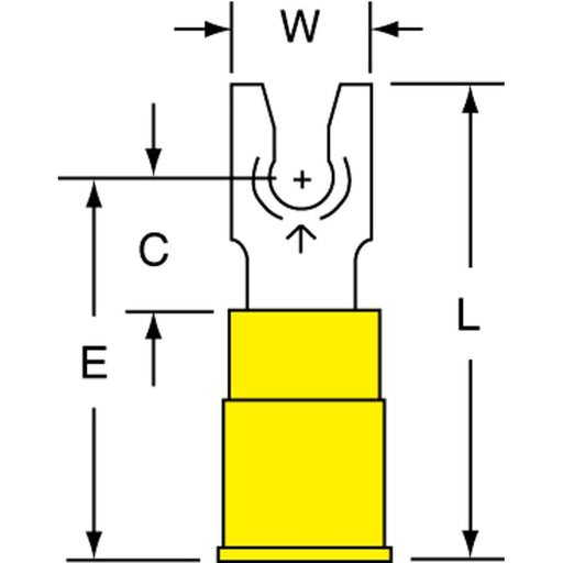 Standard Fork Terminal: Yellow, Nylon, Partially Insulated, #6 Stud, Crimp